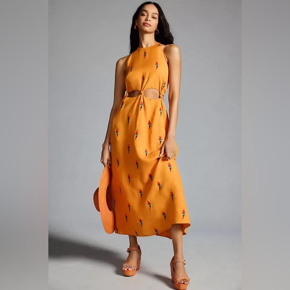 Farm Rio Orange Linen parrot knot dress NWOT - Picture 2 of 7